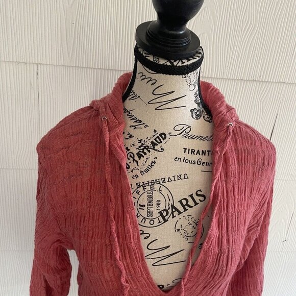 Chico’s Deep V-Neck Sheer Linen Scurunchy Hoodie Legenlook Women's Size 0 (H6) - Picture 3 of 13